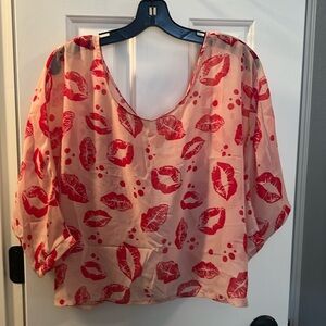 GB Junior sheer pink blouse with lips print. Size L